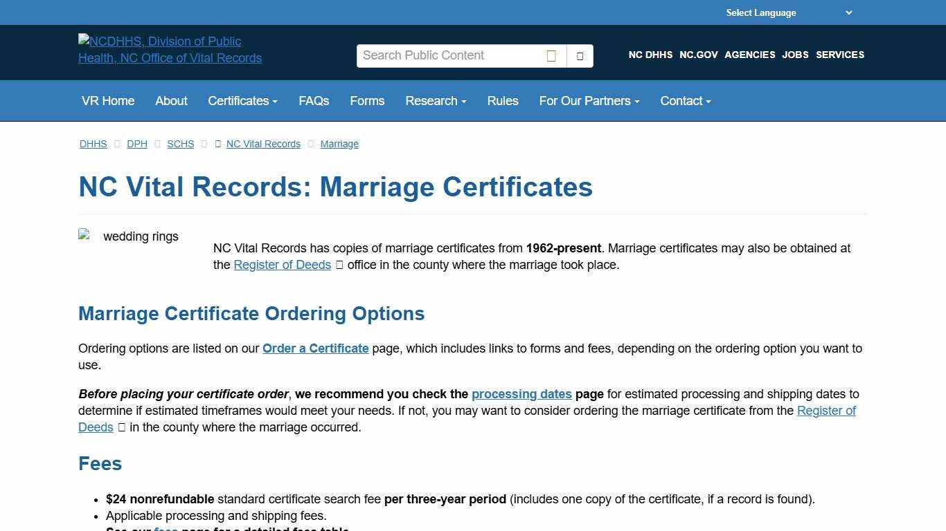 NCDHHS: DPH: NC Vital Records: Marriage