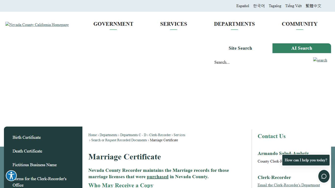 Marriage Certificate | Nevada County, CA